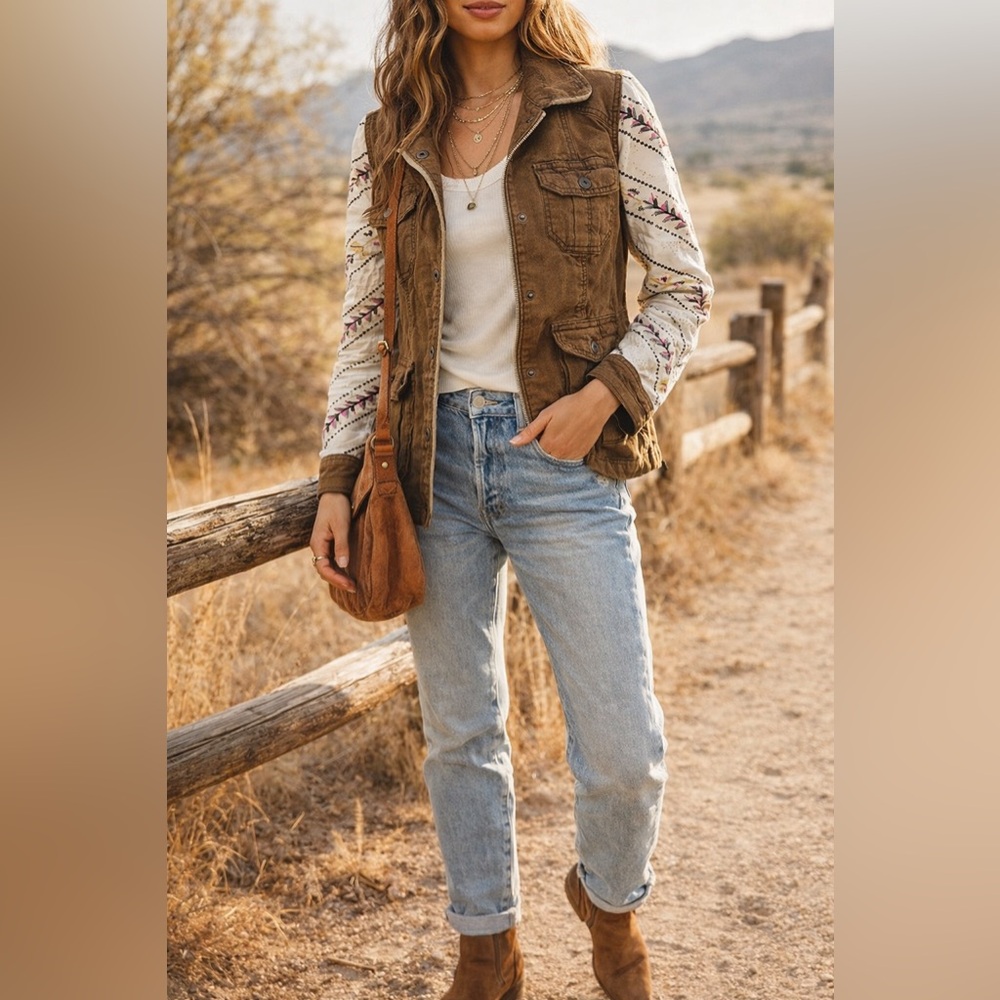 Free People Brown Utility Jacket with Printed Sleeves